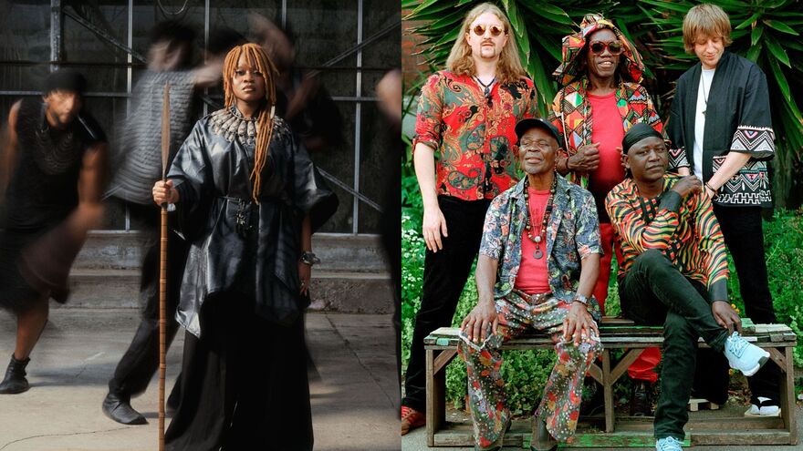 On the left stands Sampa The Great, a young Black lady with long braided hair standing tall and wearing a black robe, holding a wooden staff. On the right is W.IT.C.H., five men wearing clothes covered in tribal prints 