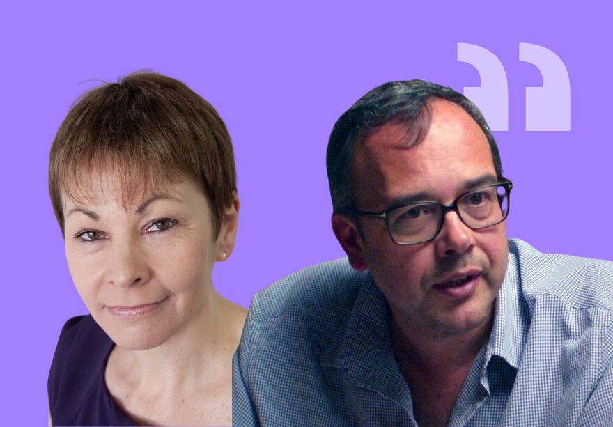 Portraits of Caroline Lucas and Nick Lowles stand against a purple background with a quotation mark in the right corner
