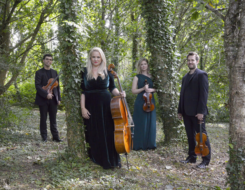 Four musicians standing in a woodland holding their cello, violins and violas