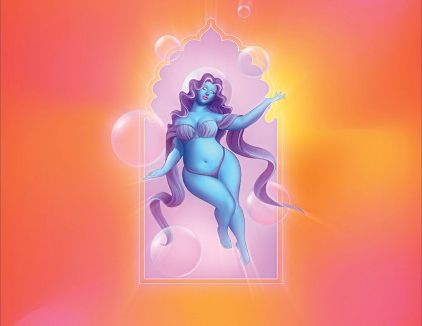 A feminine blue person with purple hair stands in the cutout shape of the Brighton Dome windows surrounded by bubbles