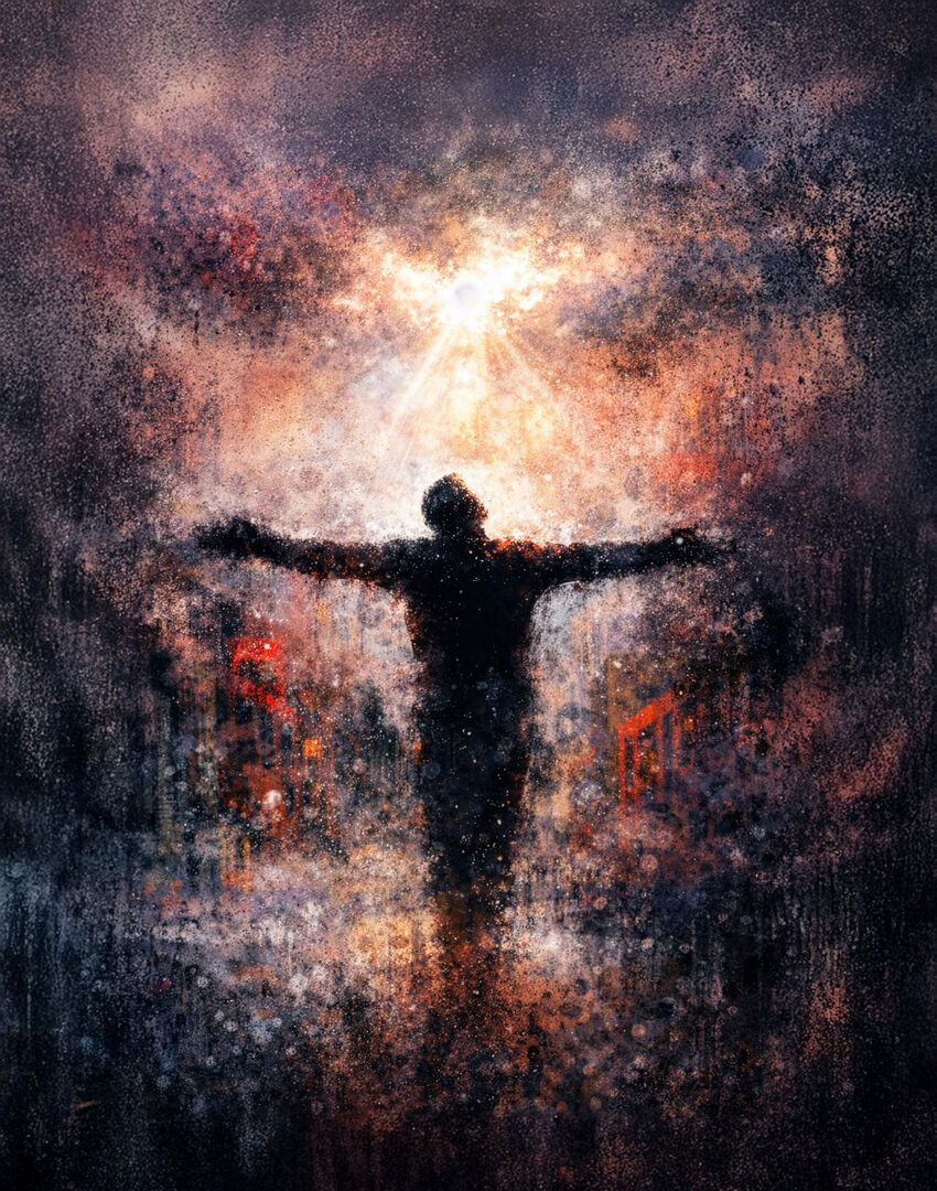 Impressionist image of a person with their arms spread wide with a gold glowing light behind them