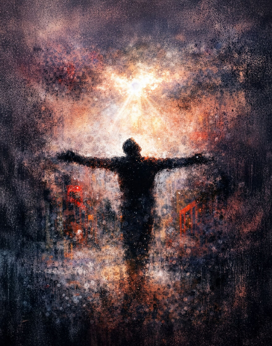 Impressionist image of a person with their arms spread wide with a gold glowing light behind them