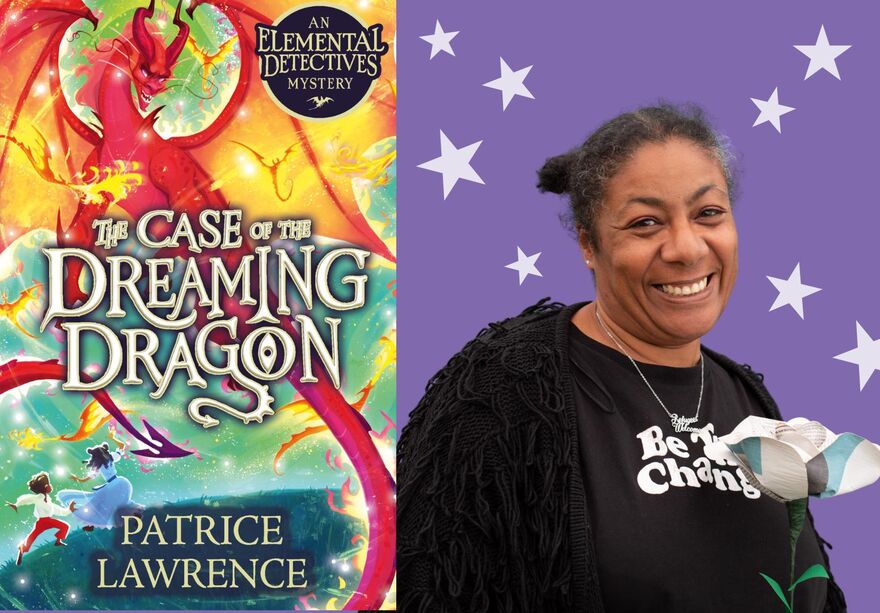 Book cover for The Case of the Dreaming Dragon by Patrice Lawrence beside a smiling author portrait of a woman against a purple background with white stars.