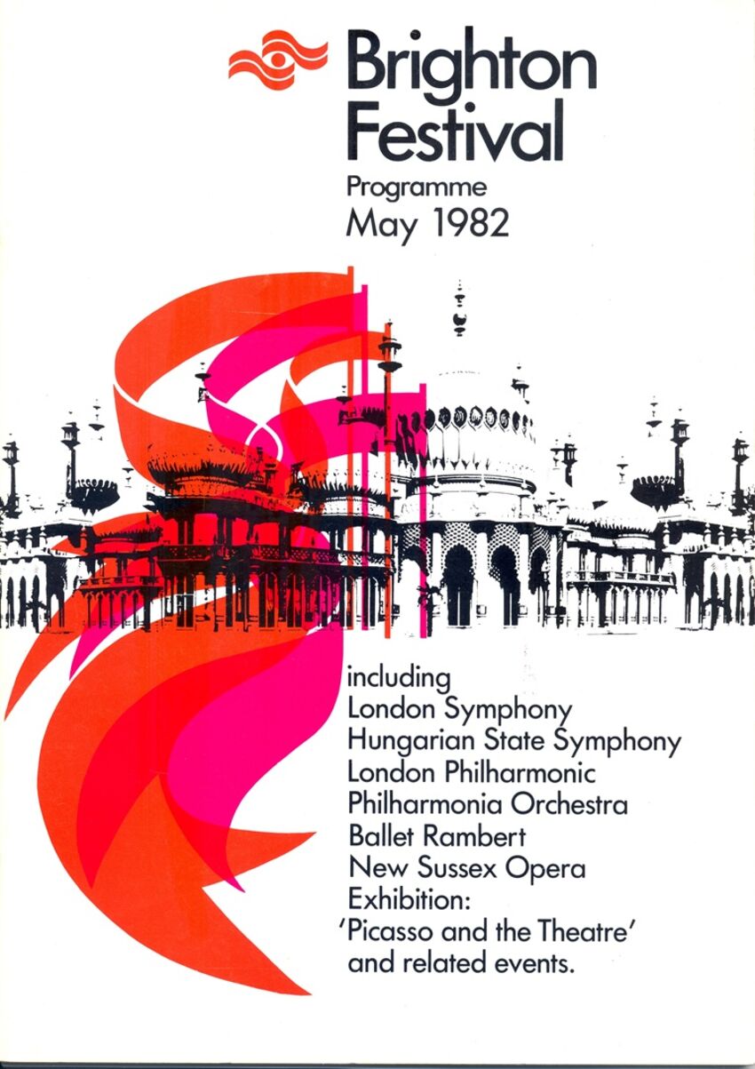 Brighton Festival 1982 brochure cover featuring an orange and pink motif layed over the royal pavilion