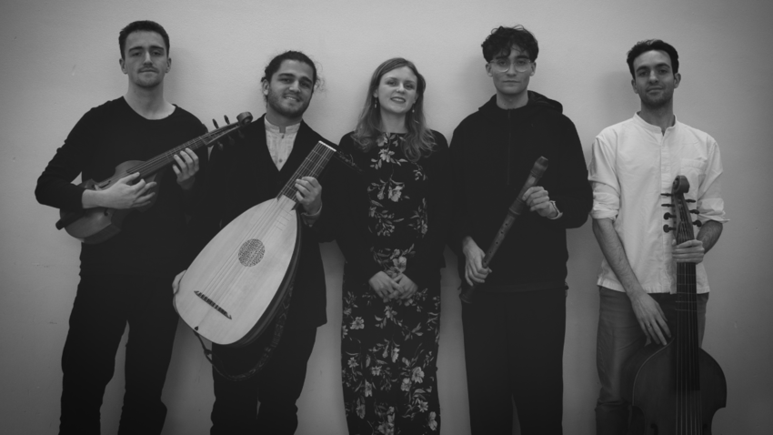 Members of Londinium Consort. Four young men and one women holding early instruments