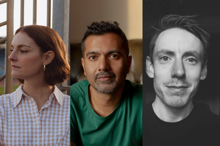 Collage of three portraits of Rebecca Perry, Manish Chauhan & Jon Doyle