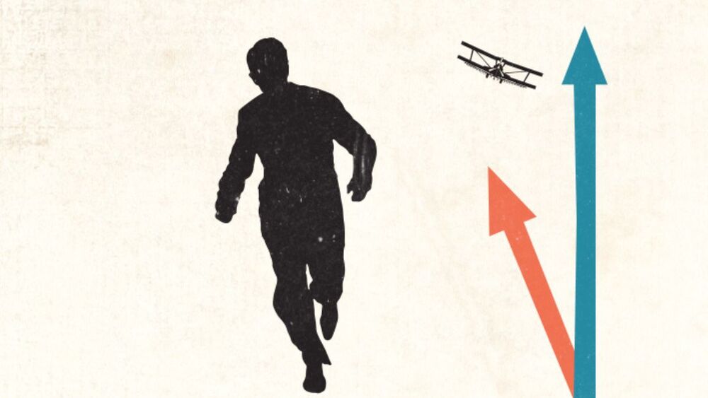A graphic of a silhouette man running, a plane overhead and arrows pointing north and north-west