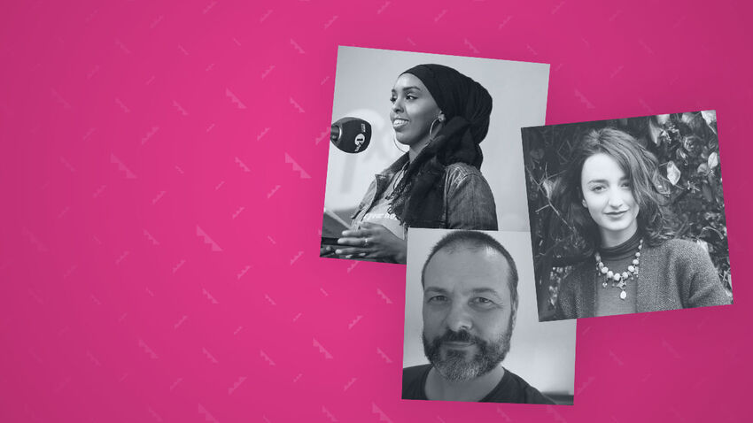 A Trick of the Eye, black and white photos of the authors (left to right) Niall O'Sullivan, Maia Elsner & Amina Jama