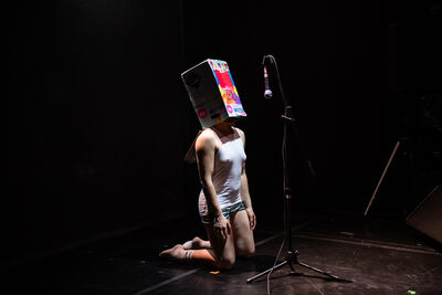 A person in a vest, pants and socks, kneels on a stage in front of a microphone. On their head the wear a big cardboard box.