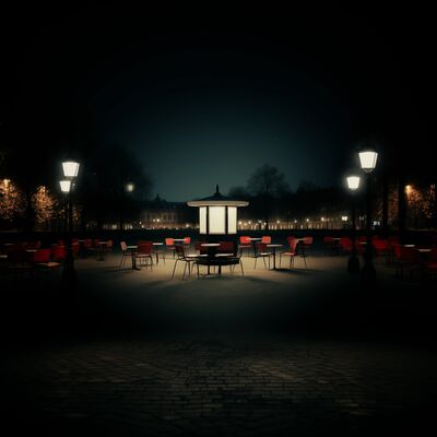 A kiosk sits inside a ring of chairs. It is night and the kiosk is lit from within 