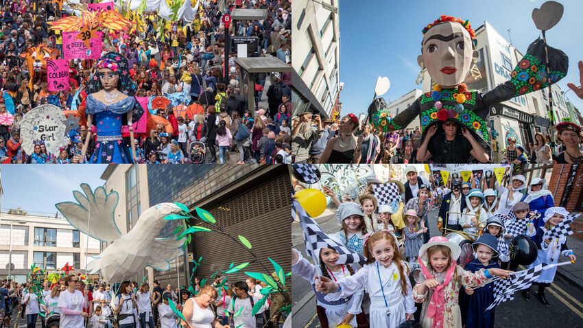 A montage image of children participating in the Children's Parade, with giant, larger than life makes of characters and animals