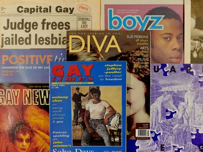 Layers of LGBTQ+ magazines including Capital Gay (June 1992), boyz (June 1996), Diva (May 2004), Positive Times (December 1995), Gay Times (May 1991)