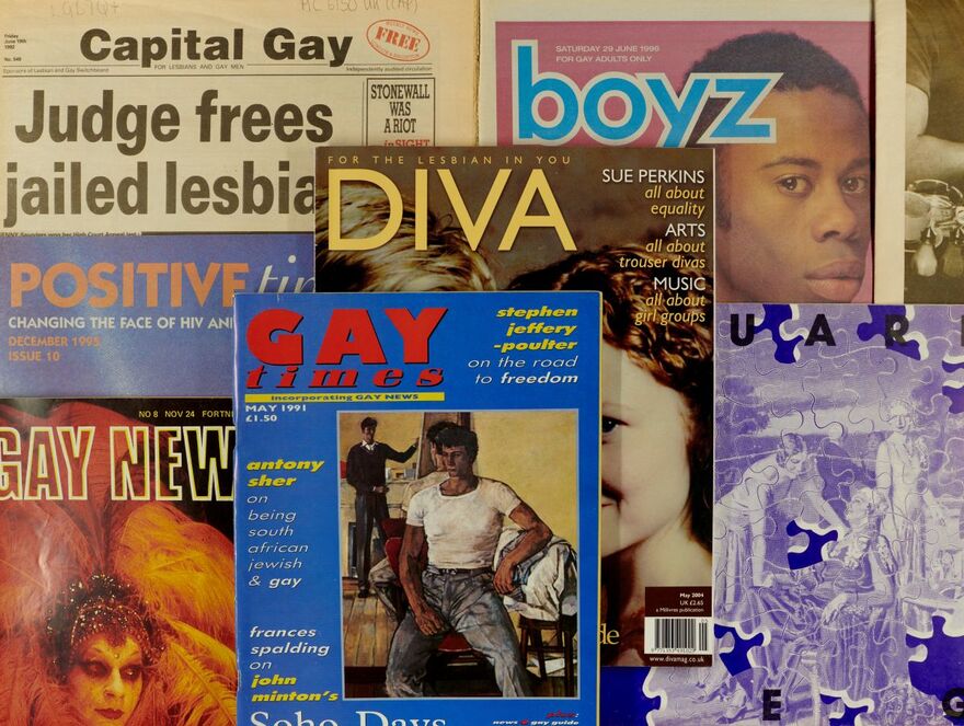 Layers of LGBTQ+ magazines including Capital Gay (June 1992), boyz (June 1996), Diva (May 2004), Positive Times (December 1995), Gay Times (May 1991)