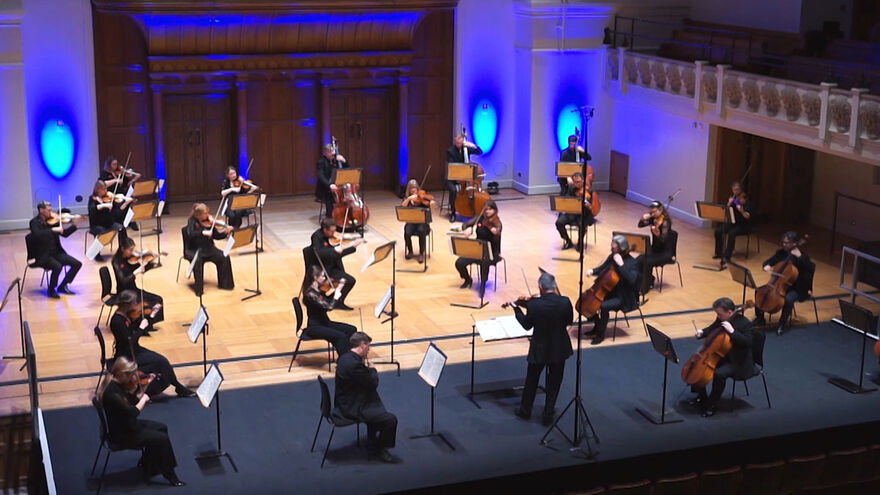 String section of the Royal Philharmonic Orchestra plays on stage with blue uplighting in the rear