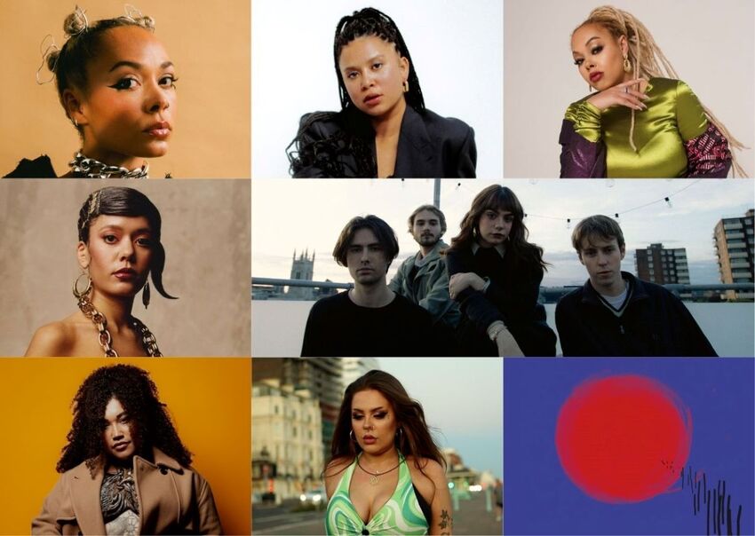 Composite image: Top row is IYAMAH, Kymara, Harleighblu, middle row is Tara Lily and Moon Idle, bottom row is Sinead Campbell, Ellie Pepper and the Festival lead image of a blue background and red painted circle