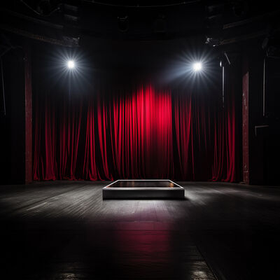 A small, square empty stage in the middle of a bare room. The room has a black floor, red curtain and two spotlights shining on the stage
