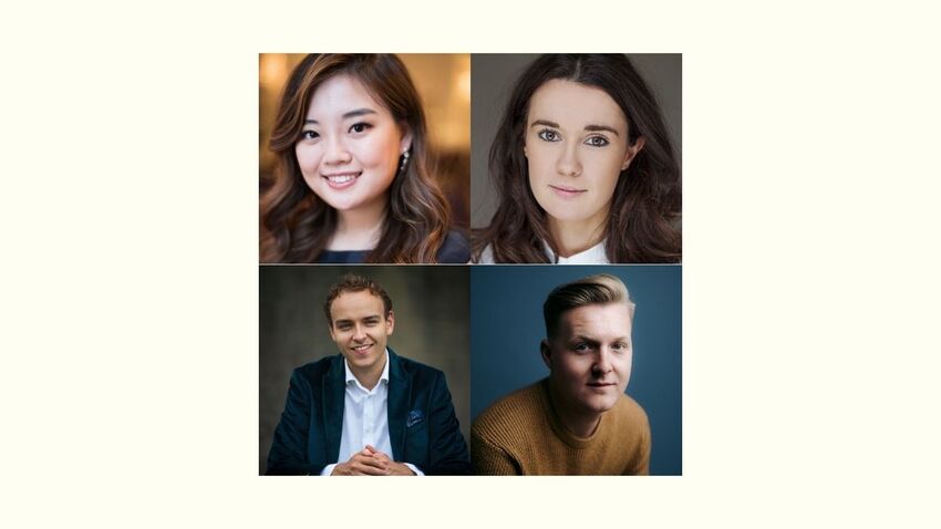 Four portraits are positioned in a square. Two show young women with dark hair, and two show young men with light hair