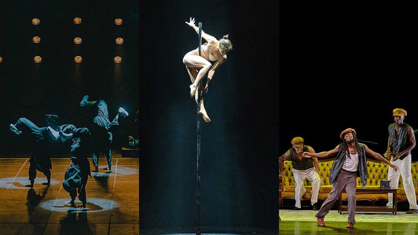 Left is MOVER doing handstands with their legs split, in the middle Yvonne Smink is at the top of a pole wrapped around it, right is Ghetto Funk Collective dancing