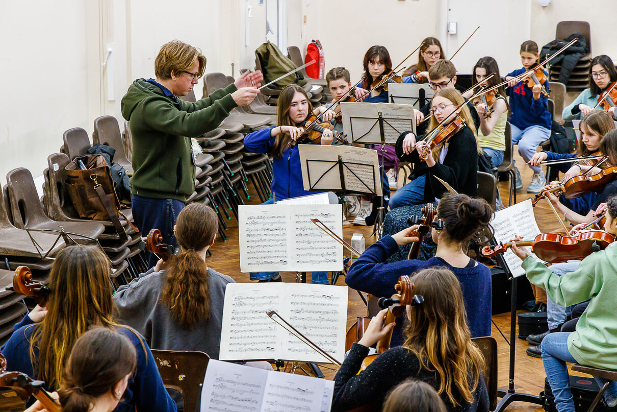 Brighton and East Sussex Youth Orchestra rehearse, conducted by a member of the London Symphony Orchestra.