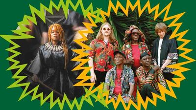 Two circles with the one on the left containing a woman and on the right a group of 5 men. Each circle is bordered by a coloured zig zag ring