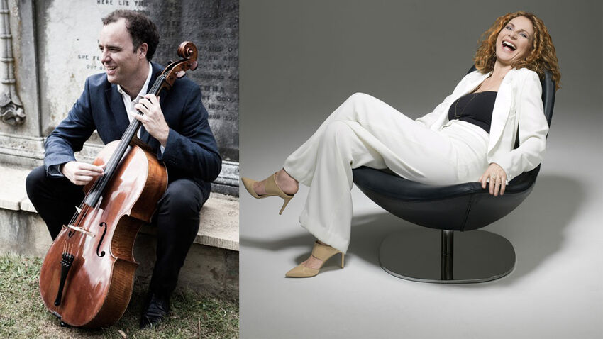Adrian Brendel with a cello sitting outside (left) Joanna MacGregor laughing (right)