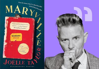 Black & white portrait of Joelle Taylor next to the cover for Maryville