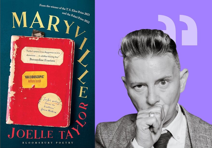 Black & white portrait of Joelle Taylor next to the cover for Maryville